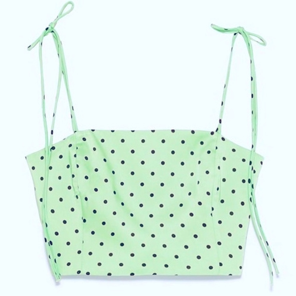 Zara NWOT Polka Dot Mint Green Smocked Tie Crop Top M - Picture 6 of 9